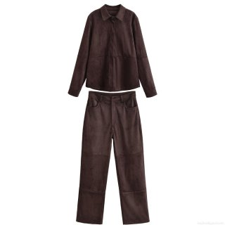 Women's Faux Suede Two Piece Set Long Sleeve Button Down Shirt And Straight Leg Pants Solid Color Casual Retro Streetwear Tracksuit For Daily Wear