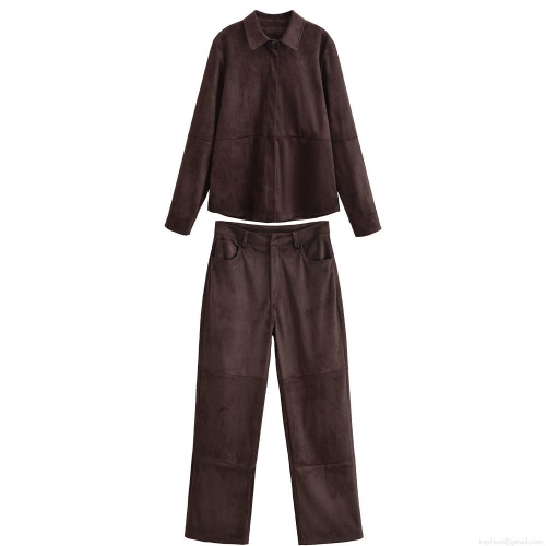 Women's Faux Suede Two Piece Set Long Sleeve Button Down Shirt And Straight Leg Pants Solid Color Casual Retro Streetwear Tracksuit For Daily Wear