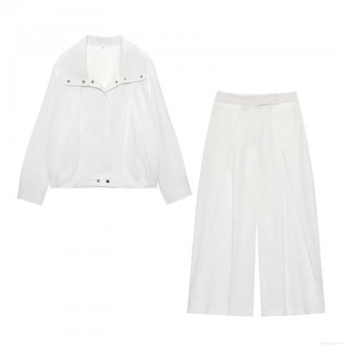Women's 2 Piece Casual Set Solid White Lapel Zipper Jacket And High Waist Wide Leg Pleated Pants Modern Streetwear Outfit For Women
