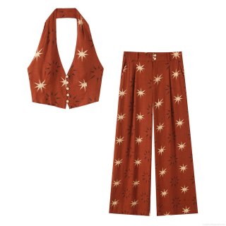 Women Retro Halter Neck Button Down Vest And Wide Leg Pants Set Starburst Sun Print Cotton Linen Blend Two Piece Outfits Summer Beach Vacation Sleeveless Crop Top Loose Trousers Set