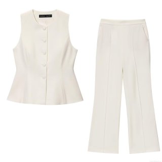 Women Elegant Peplum Vest And High Waist Straight Leg Pants Two Piece Set Solid Color Sleeveless Button Up Business Casual Suit Outfit For Office Lady