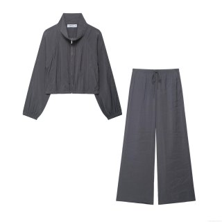 Women's Casual 2 Piece Set Solid Polyester Woven Zip Up Stand Collar Jacket And Wide Leg Drawstring Pants Streetwear Daily Lounge Outfit