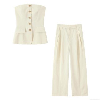 Women Solid Color Two Piece Set Bandeau Button Down Crop Top And High Waist Wide Leg Pleated Trousers Casual Chic Sleeveless Streetwear Outfits