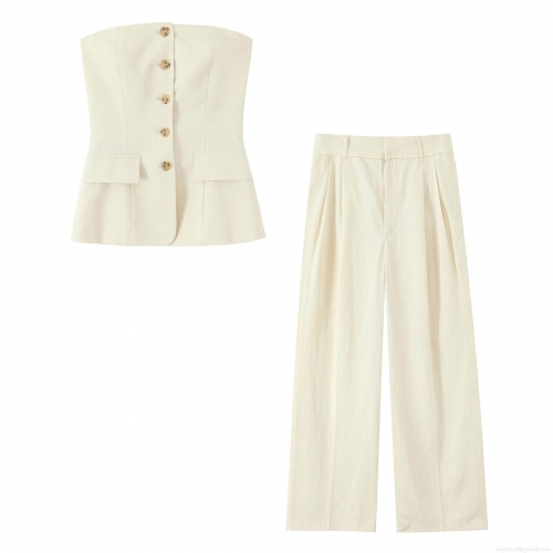 Women Solid Color Two Piece Set Bandeau Button Down Crop Top And High Waist Wide Leg Pleated Trousers Casual Chic Sleeveless Streetwear Outfits