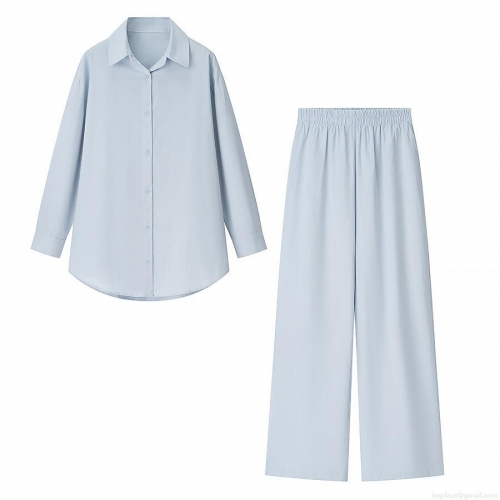 Women's 2 Piece Lounge Set Cotton Linen Texture Long Sleeve Button Down Shirt And Wide Leg Pants Casual Streetwear Solid Color Loose Fit Outfits For Women