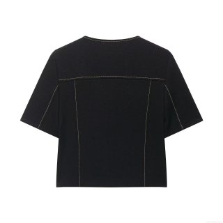 Women's Two-Piece Set Polyester Contrast Stitching Short Sleeve Double Breasted Top And High Waist Wide Leg Pants Casual Streetwear Outfit