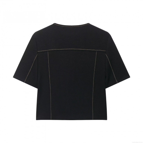 Women's Two-Piece Set Polyester Contrast Stitching Short Sleeve Double Breasted Top And High Waist Wide Leg Pants Casual Streetwear Outfit