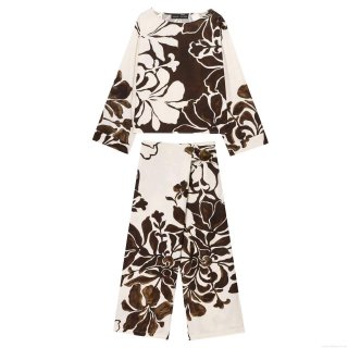 Women's Vintage Floral Print Two Piece Set Long Sleeve Drop Shoulder Top And Wide Leg Pants Casual Bohemian Cotton Linen Texture Vacation Outfits