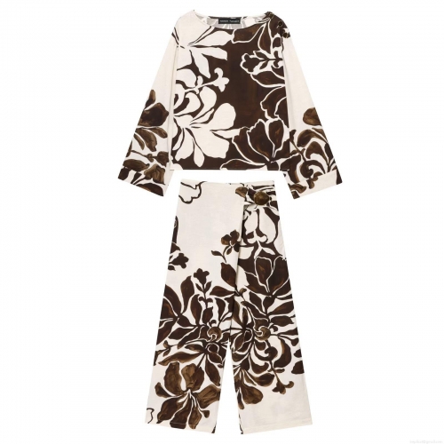 Women's Vintage Floral Print Two Piece Set Long Sleeve Drop Shoulder Top And Wide Leg Pants Casual Bohemian Cotton Linen Texture Vacation Outfits