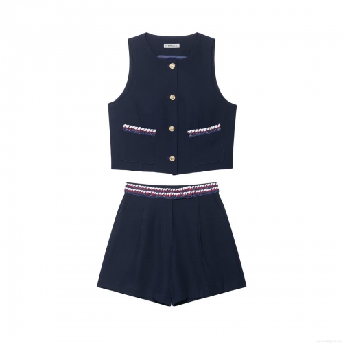 Women Elegant Navy Blue Two Piece Set Polyester Round Neck Vest Waistcoat High Waist Shorts Gold Buttons Braid Trim Streetwear Party Professional Wear