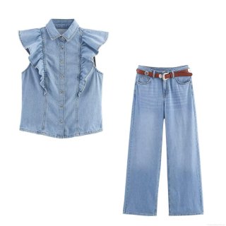 Women's Denim Two Piece Set Ruffle Sleeve Vest Top And High Waisted Wide Leg Straight Jeans With Vintage Belt Casual Streetwear Light Blue Wash Outfit Suit For Women