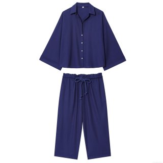 Women's Minimalist Two Piece Set Polyester Blend Long Sleeve Button Up Shirt and Wide Leg Pants Suit Casual Daily Lounge Streetwear Solid Color Navy Blue