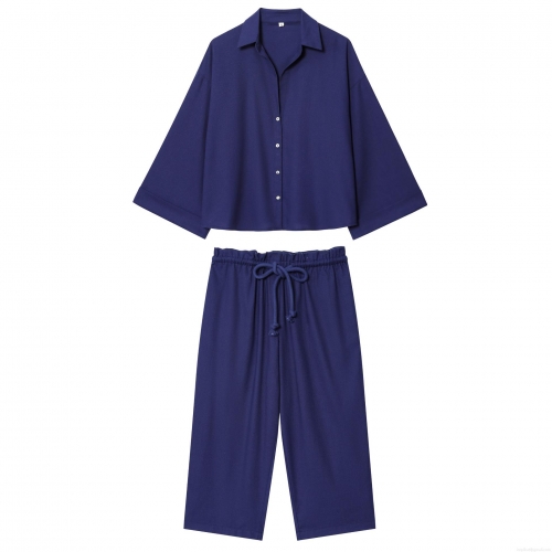 Women's Minimalist Two Piece Set Polyester Blend Long Sleeve Button Up Shirt and Wide Leg Pants Suit Casual Daily Lounge Streetwear Solid Color Navy Blue