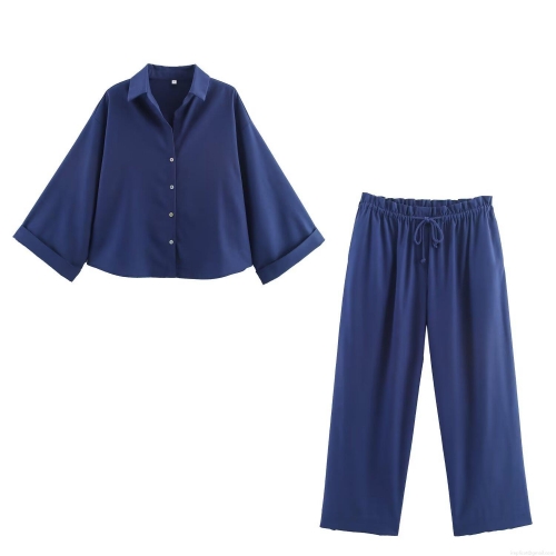 Women's Casual Cotton Linen Blend Two Piece Set Navy Blue Lapel Button Down Shirt And Elastic Waist Wide Leg Drawstring Pants Lounge Outfit For Women
