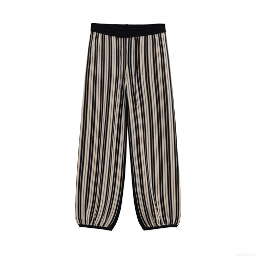 Women's Striped Knit Two Piece Set Linen Texture Button Round Neck Short Sleeve Top And High Waisted Drawstring Long Pants Casual Streetwear Outfits