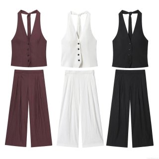 Women Halter V-Neck Button Vest And Pleated Wide Leg Pants Two Piece Set Elegant Solid Color Sleeveless Summer Outfits Co-ord Suits