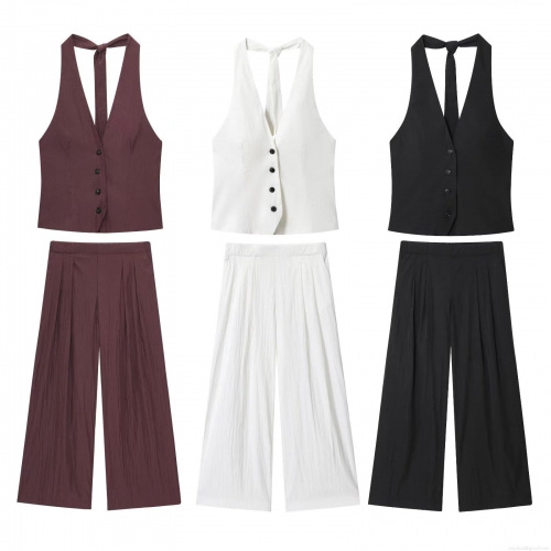 Women Halter V-Neck Button Vest And Pleated Wide Leg Pants Two Piece Set Elegant Solid Color Sleeveless Summer Outfits Co-ord Suits