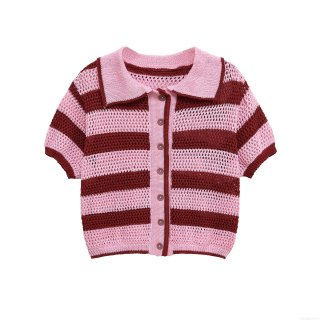 Women's Striped Knitted Two Piece Set Short Sleeve Polo Top And High Waist Shorts Casual Hollow Crochet Knitwear Polyester Summer Outfits Streetwear Co-ord Set For Women