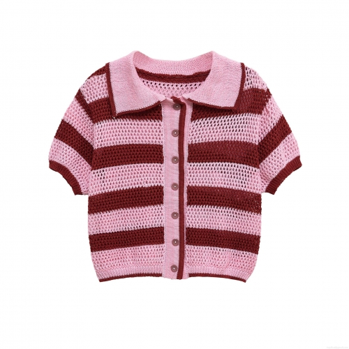 Women's Striped Knitted Two Piece Set Short Sleeve Polo Top And High Waist Shorts Casual Hollow Crochet Knitwear Polyester Summer Outfits Streetwear Co-ord Set For Women