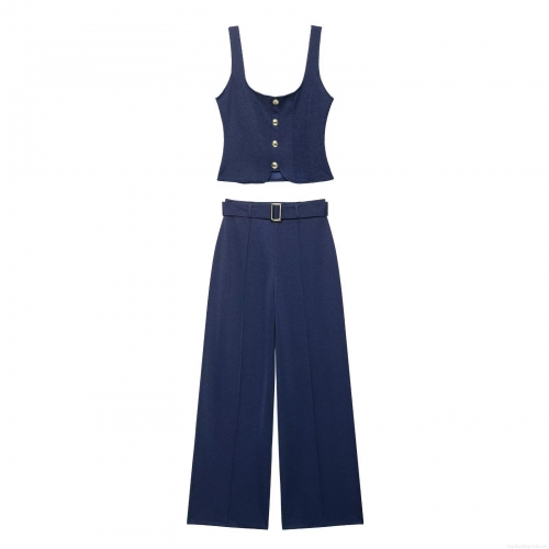 Women's Casual Two Piece Set Sleeveless Button Vest Top and High Waist Wide Leg Belted Pants Suit Polyester Twill Streetwear Office Party Navy Blue Outfit