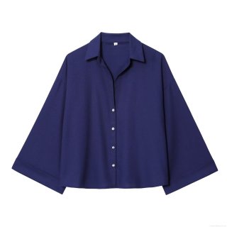 Women's Two Piece Casual Set Solid Color Button Down Shirt And Elastic Waist Wide Leg Pants Set Loose Loungewear Outfit Streetwear For Women Navy Blue