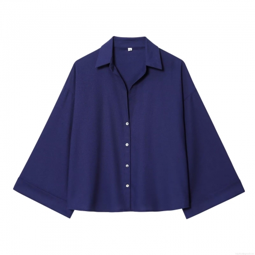 Women's Two Piece Casual Set Solid Color Button Down Shirt And Elastic Waist Wide Leg Pants Set Loose Loungewear Outfit Streetwear For Women Navy Blue