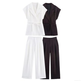 Women Linen Blend Double Breasted Vest Top And High Waist Wide Leg Pants 2 Piece Set With Belt Casual Office Commute Streetwear Suit Outfits