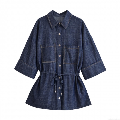 Women's Denim Style Safari Shirt And Pants Two Piece Set Deep Blue Polyester Outfits With Drawstring Waist Long Wide Leg Trousers Casual Streetwear Suits