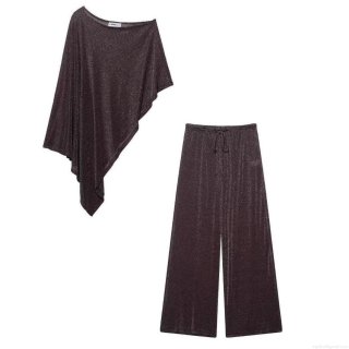 Women's 2 Piece Set Metallic Glitter Asymmetric One Shoulder Poncho Top Or Wide Leg Pants Casual Streetwear Party Club Outfits