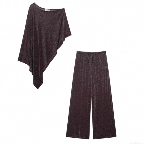 Women's 2 Piece Set Metallic Glitter Asymmetric One Shoulder Poncho Top Or Wide Leg Pants Casual Streetwear Party Club Outfits