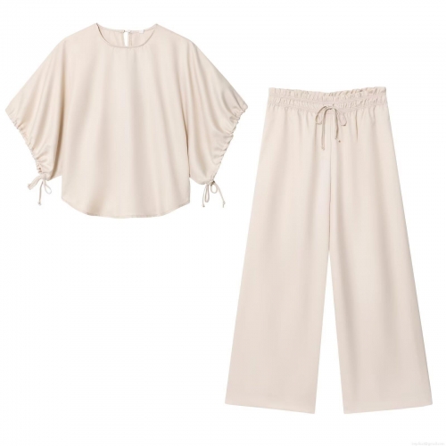 Women's Two Piece Satin Texture Casual Set Puff Sleeve Drawstring Short Sleeve Top and Wide Leg Long Pants Solid Color Streetwear Loungewear Pajama Style Outfit