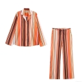Women Colorful Stripe Shirt And Flared Pants Two Piece Outfits Set Casual Long Sleeve Button Up Blouse Wide Leg Trousers Streetwear Vacation Beachwear Suits