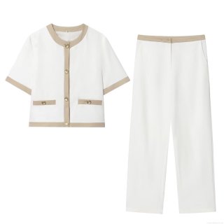 Women's Elegant Short Sleeve Blazer And Straight Pants Set Patchwork Contrast Trim Two Piece Suit With Gold Buttons Office Lady Professional Outfit