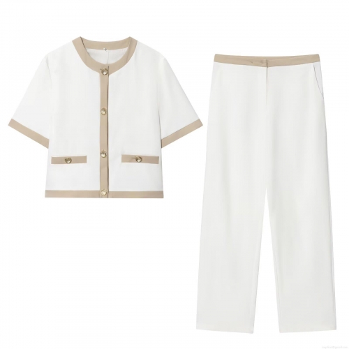 Women's Elegant Short Sleeve Blazer And Straight Pants Set Patchwork Contrast Trim Two Piece Suit With Gold Buttons Office Lady Professional Outfit