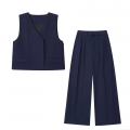 Women's 2 Piece Outfits Set Twill Polyester V Neck Sleeveless Vest and High Waist Pleated Wide Leg Pants Casual Office Streetwear Suits