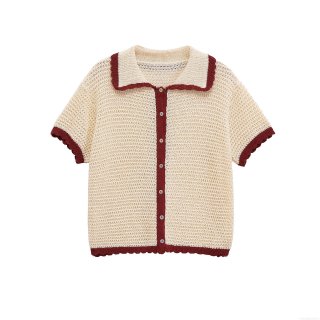 Women 2 Piece Knit Outfits Contrast Color Scalloped Trim Polo Collar Button Up Top and High Waist Drawstring Shorts Set Casual Summer Loungewear