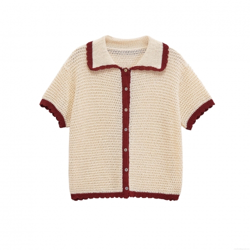 Women 2 Piece Knit Outfits Contrast Color Scalloped Trim Polo Collar Button Up Top and High Waist Drawstring Shorts Set Casual Summer Loungewear