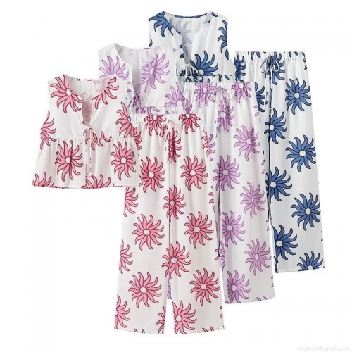 Women's Two-Piece Set Floral Print Sleeveless V-Neck Tie-Front Crop Top And High-Waisted Wide-Leg Long Pants Casual Summer Vacation Outfits Streetwear Loungewear