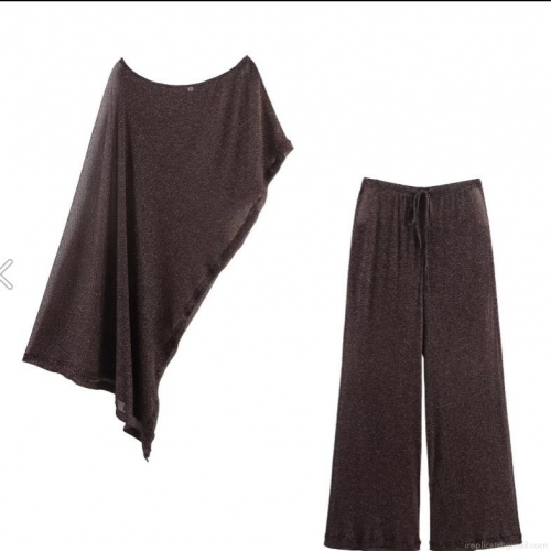 Women's Street Style Asymmetrical Cape Outerwear And Wide Leg Pants Two Piece Set Metallic Glitter Wire Polyester Sexy Casual Party Club Outfit