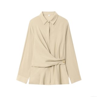 Women's Elegant Khaki Two Piece Set Long Sleeve Wrapped Shirt With Gold Buttons And High Waist Wide Leg Pants Casual Office Streetwear Co-ord