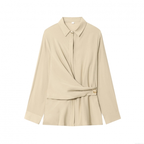 Women's Elegant Khaki Two Piece Set Long Sleeve Wrapped Shirt With Gold Buttons And High Waist Wide Leg Pants Casual Office Streetwear Co-ord