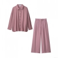 Women's Casual 2 Piece Outfits Set Long Sleeve Button Down Shirt And High Waist Wide Leg Pants With Belt 100% Woven Polyester Elegant Dusty Rose Lounge Streetwear Suit