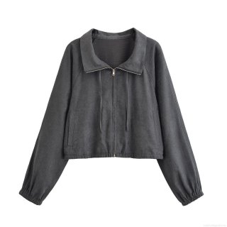 Women's Casual Two Piece Outfits Solid Dark Grey Zip Up Jacket And Wide Leg Drawstring Pants Set 100% Polyester Streetwear Sporty Tracksuit For Women