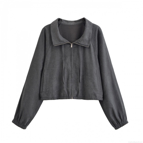 Women's Casual Two Piece Outfits Solid Dark Grey Zip Up Jacket And Wide Leg Drawstring Pants Set 100% Polyester Streetwear Sporty Tracksuit For Women