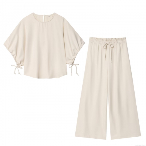 Women's Casual Two Piece Pants Set Solid Color Polyester Short Drawstring Sleeve Round Neck Top And High Waist Wide Leg Trousers Outfits For Daily Streetwear Office