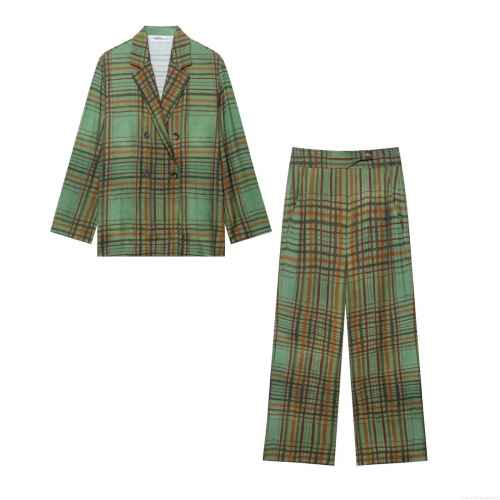 Women's Vintage Green Plaid Suit Set 100% Polyester Double-Breasted Blazer Jacket and High Waist Wide Leg Pants Two Piece Co-ord Streetwear Outfit
