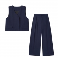 Elegant Women's Vest and Pants Set Sleeveless V-Neck Waistcoat With High Waist Wide Leg Pleated Trousers Modern Casual Office Business Streetwear Two-Piece Outfit