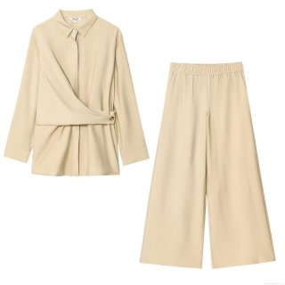 Women's Two Piece Pants Set Elegant Gold Button Criss Cross Long Sleeve Shirt And High Waist Wide Leg Trousers Solid Color Casual Office Lady Suits