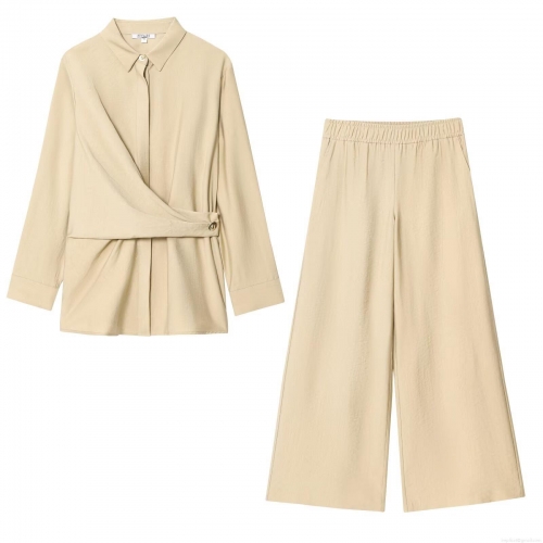 Women's Two Piece Pants Set Elegant Gold Button Criss Cross Long Sleeve Shirt And High Waist Wide Leg Trousers Solid Color Casual Office Lady Suits