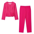 Women Elegant Fuchsia Two Piece Set Round Neck Peplum Short Blazer And High Waist Slim Straight Leg Pants Solid Color Casual Office Suit Streetwear